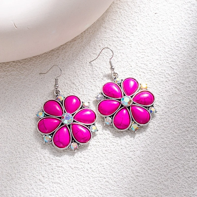 Big flowers fishhook earrings dangling turquoise gemstone 3colors optional