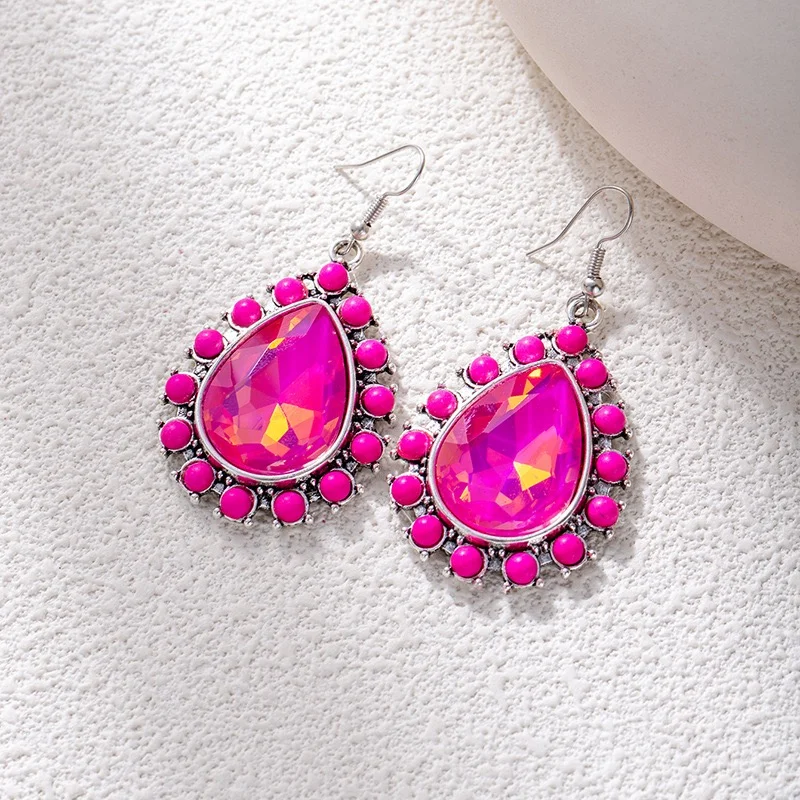 Turquoise clear rhinestone oval fishhook earrings