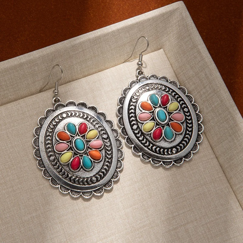 Big Oval colorful turquoise stone dangling earrings