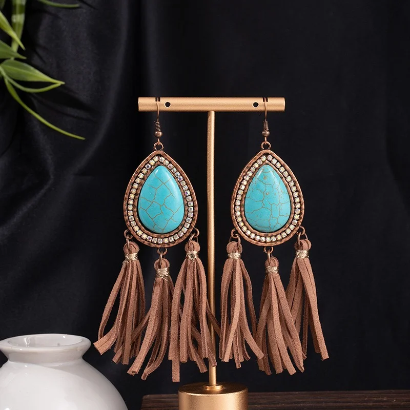 Long boho dangling earrings big turquoise stone