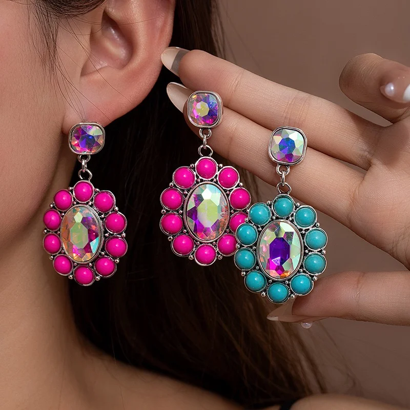 Cute adorable flowers iridescent rhinestones earrings with turquoise stone surrounds