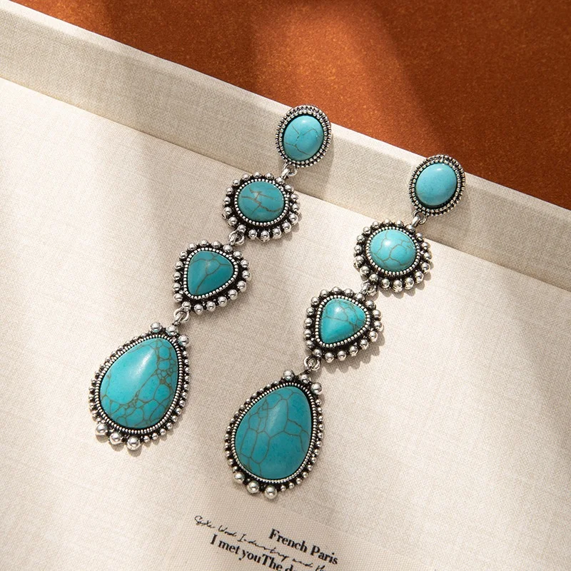 Long dangling water drops turquoise stone earrings