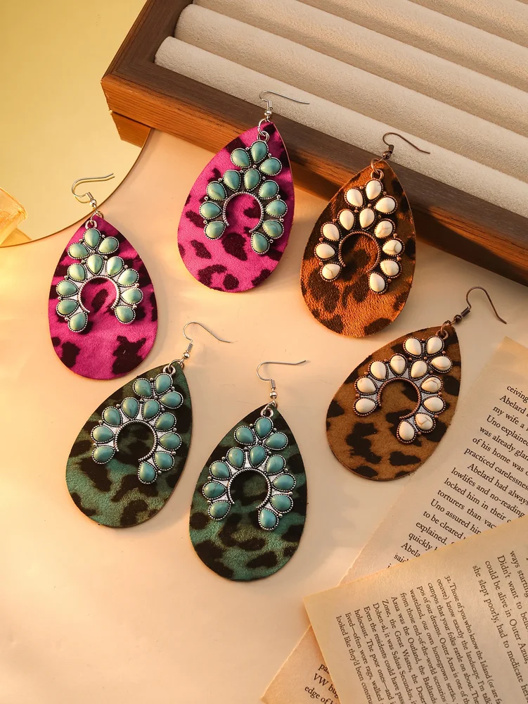 Big long water drops leopard leather leaves turquoise horse shoes earrings