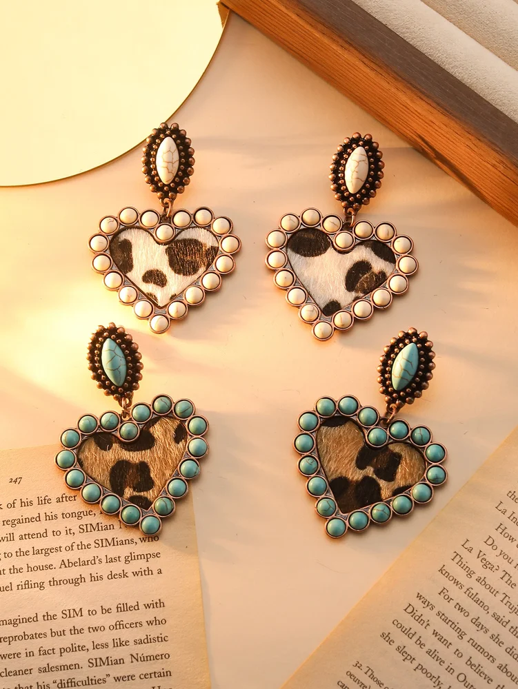 Turquoise stone earrings cute leopard hearts shape