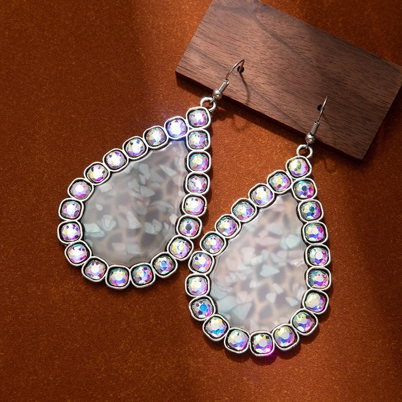 Big water drops earrings fishhooks iridescent rhinestones