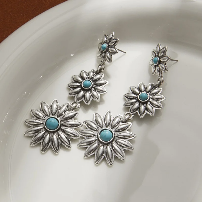 Sunflowers turquoise beads earrings long dangles