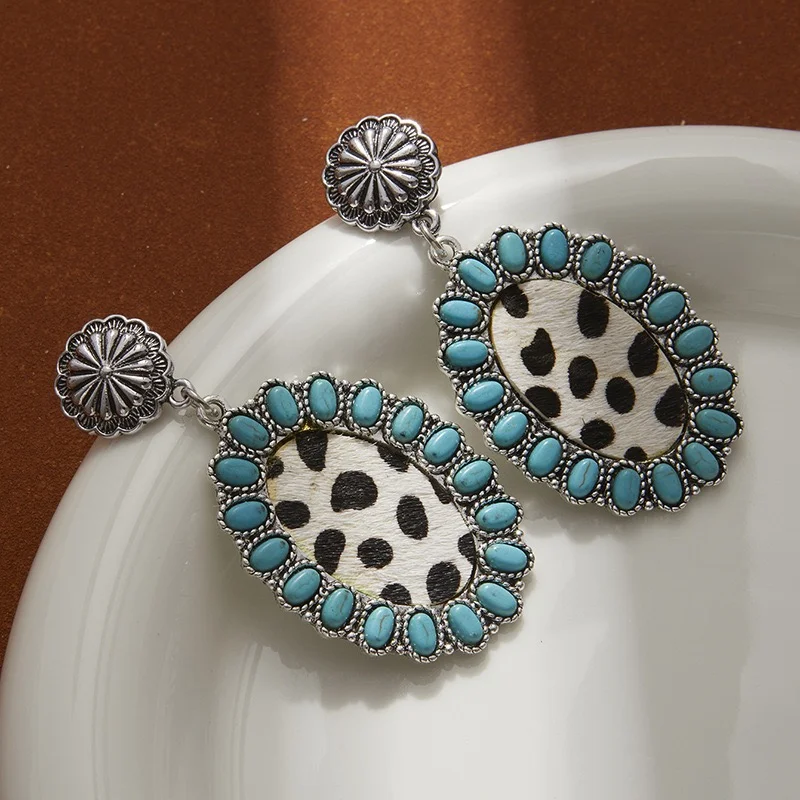 Turquoise oval earrings cow point design western earrings