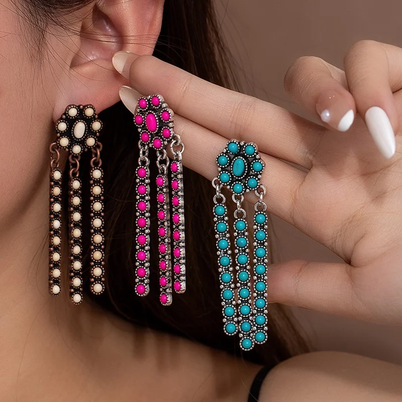 Turquoise earrings western design tassels