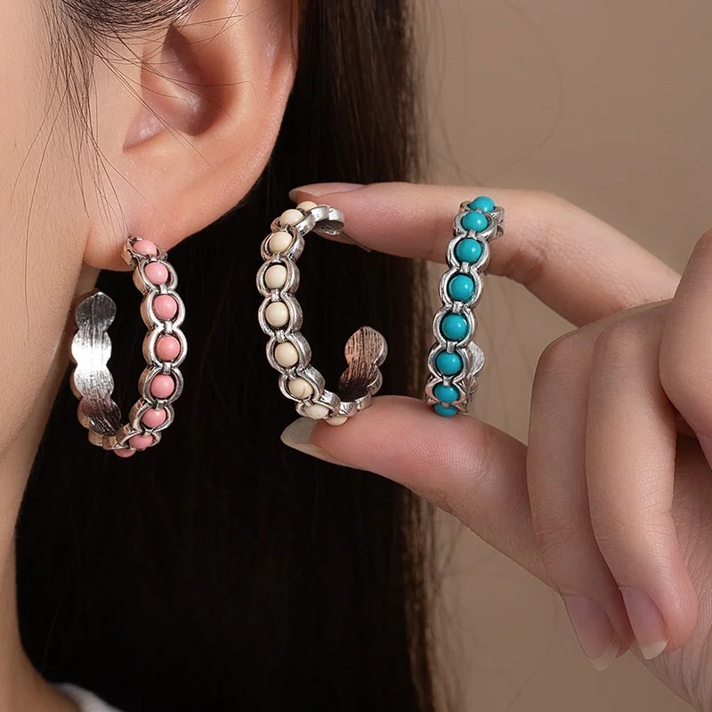 Medium size turquoise beads hoops 4cm diameter