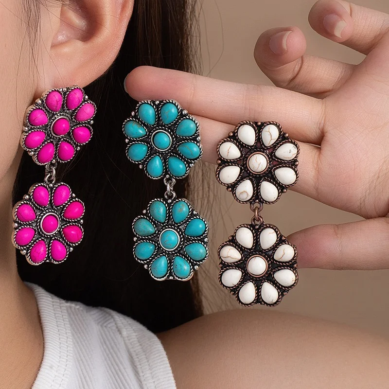Western turquoise earrings flowers postback style