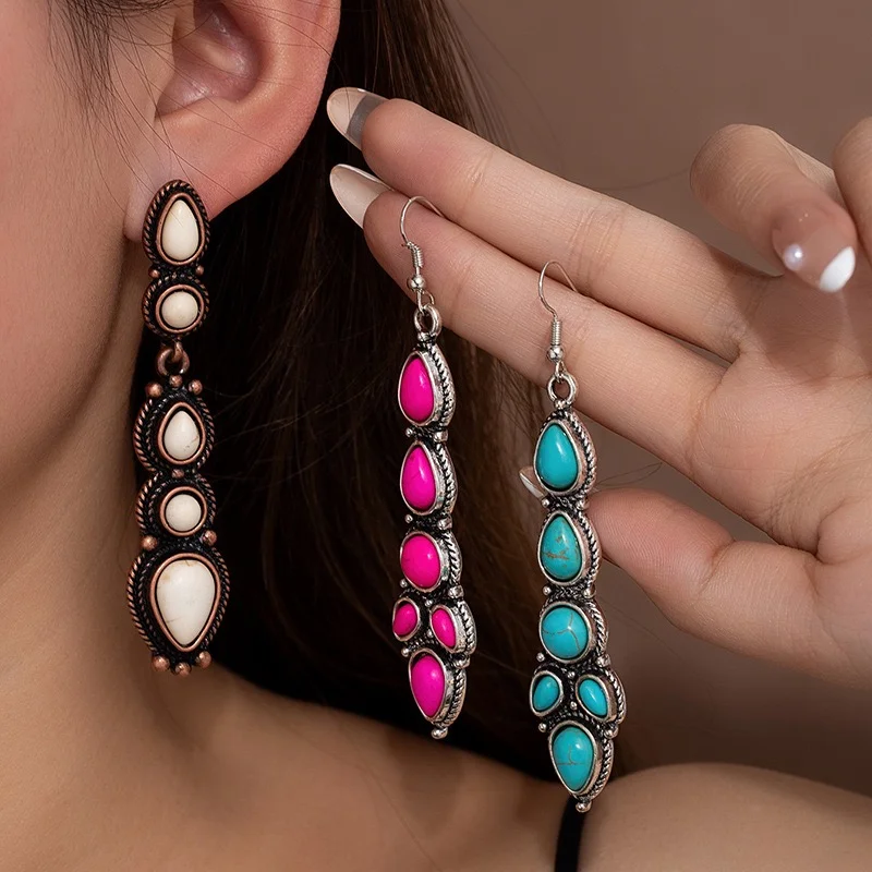Turquoise long dangling earrings western style