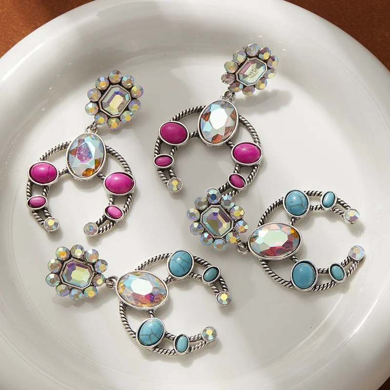 Big chunky horse shoes iridescent rhinestones earrings