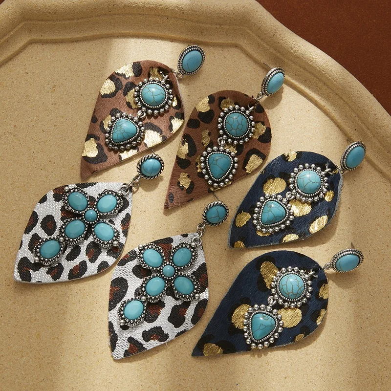 Tree leaves leopard print leather turquoise stone earrings fish hook western design