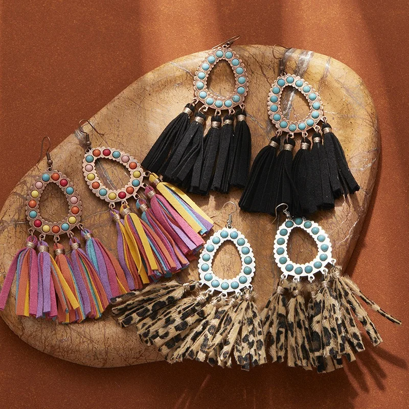 Long boho style turquoise earrings leather tassels fish hook