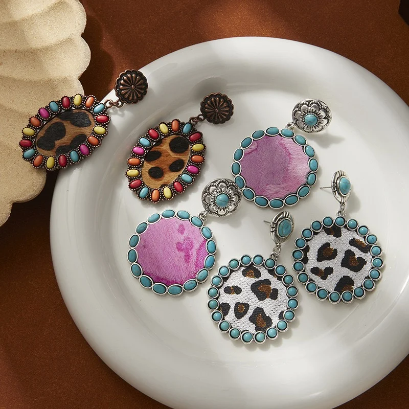 Unique leopard print leather turquoise earrings post back dangling