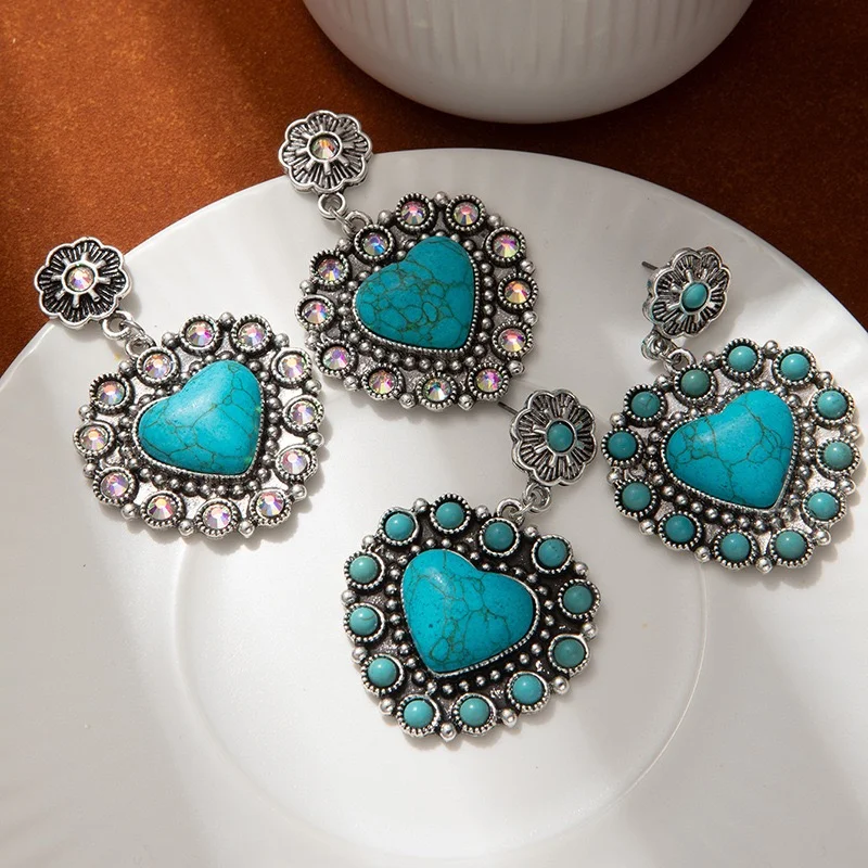 Turquoise stone hearts earrings post back style