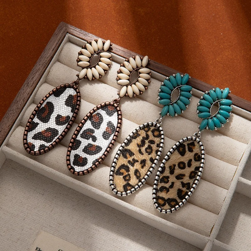 Unique western leopard leather earrings turquoise stone