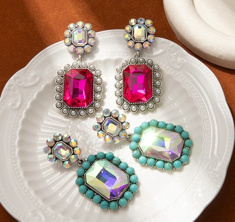Big square rhinestones turquoises beads earrings chunky designs