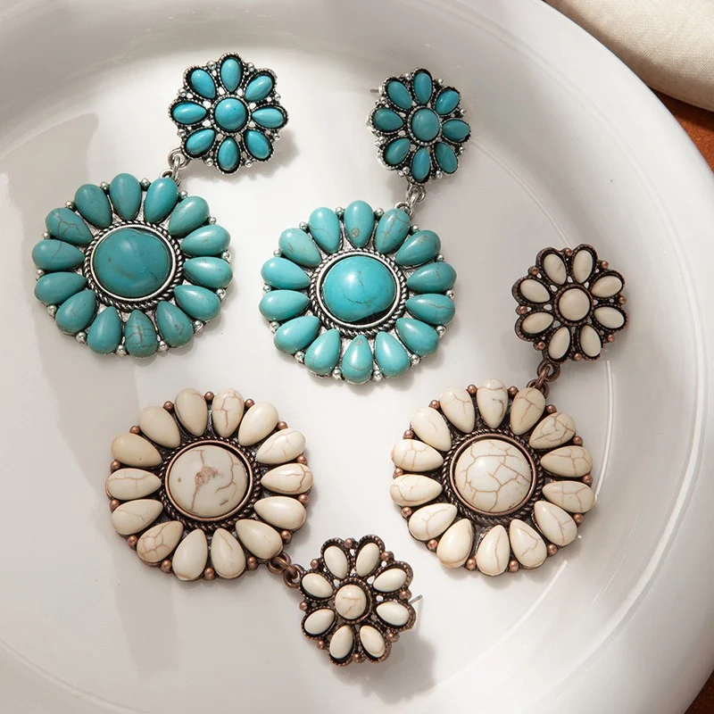 Big flowers turquoise stone earrings