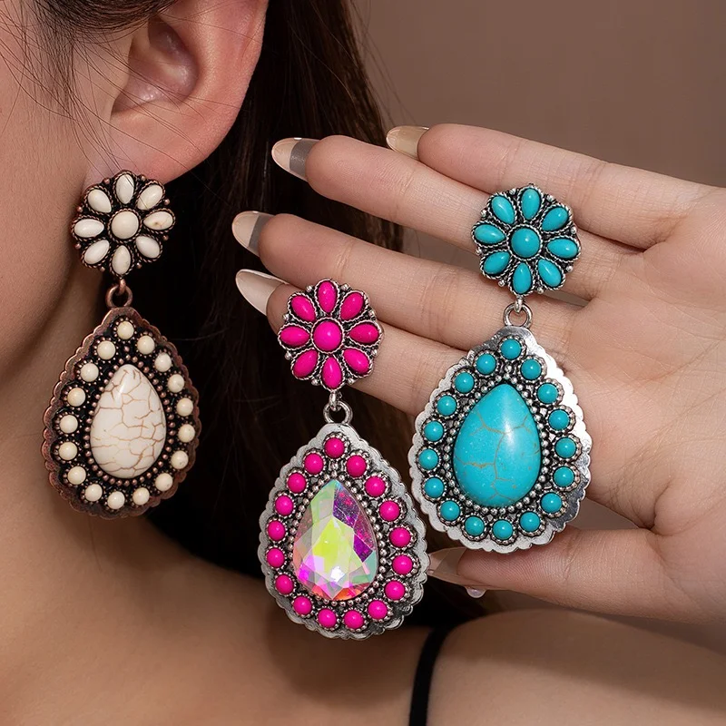Big turquoise stone post back earrings dangling