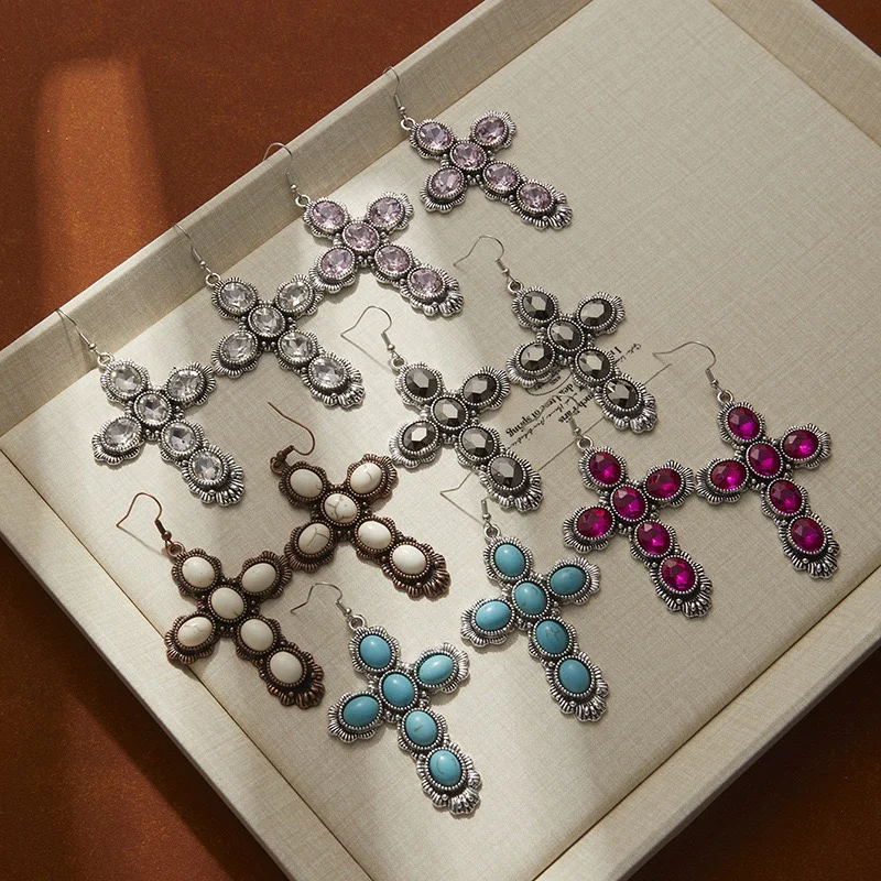 Classic cross earrings big rhinestones long dangling earrings