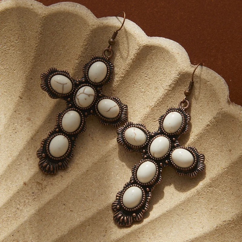 Classic turquoise stone cross earrings vintage style