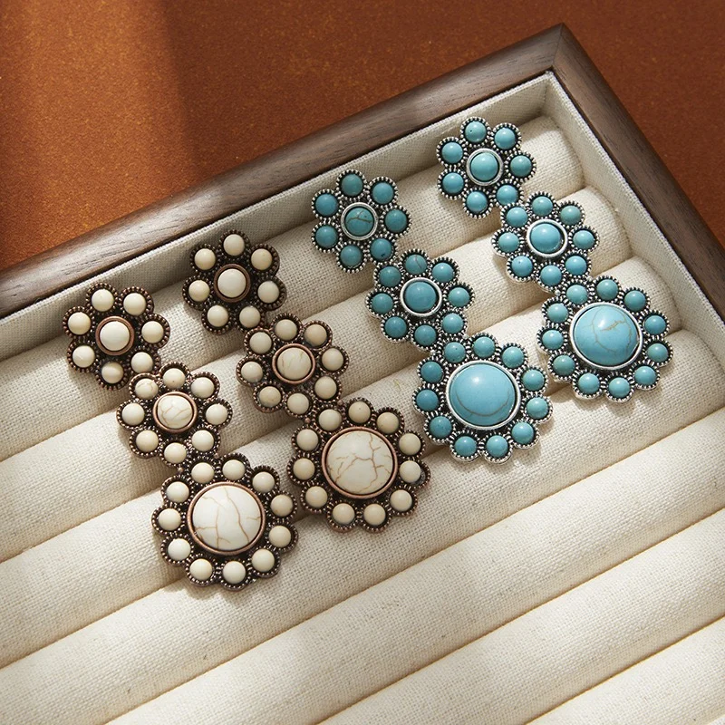 Big long flowers turquoise stone earrings