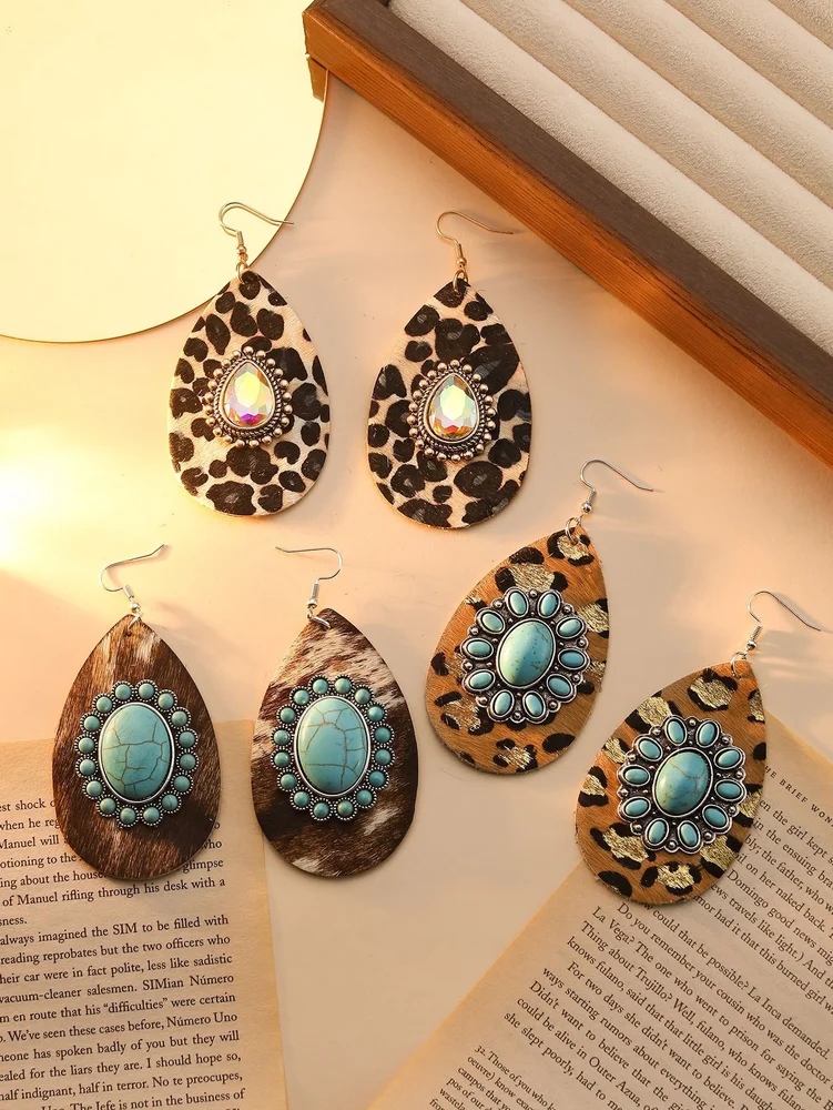 Sexy western turquoise earring leopard leather long dangling