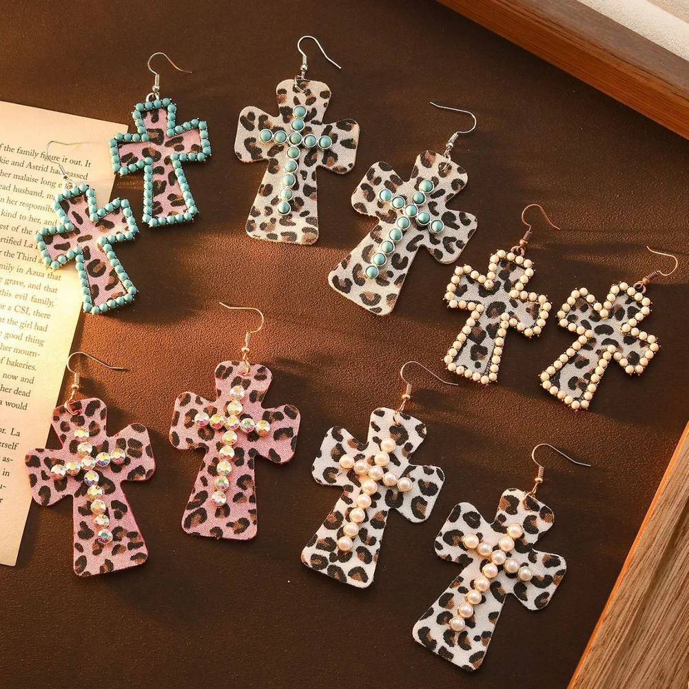 Sexy leopard leather cross earrings long dangles with turquoise stone
