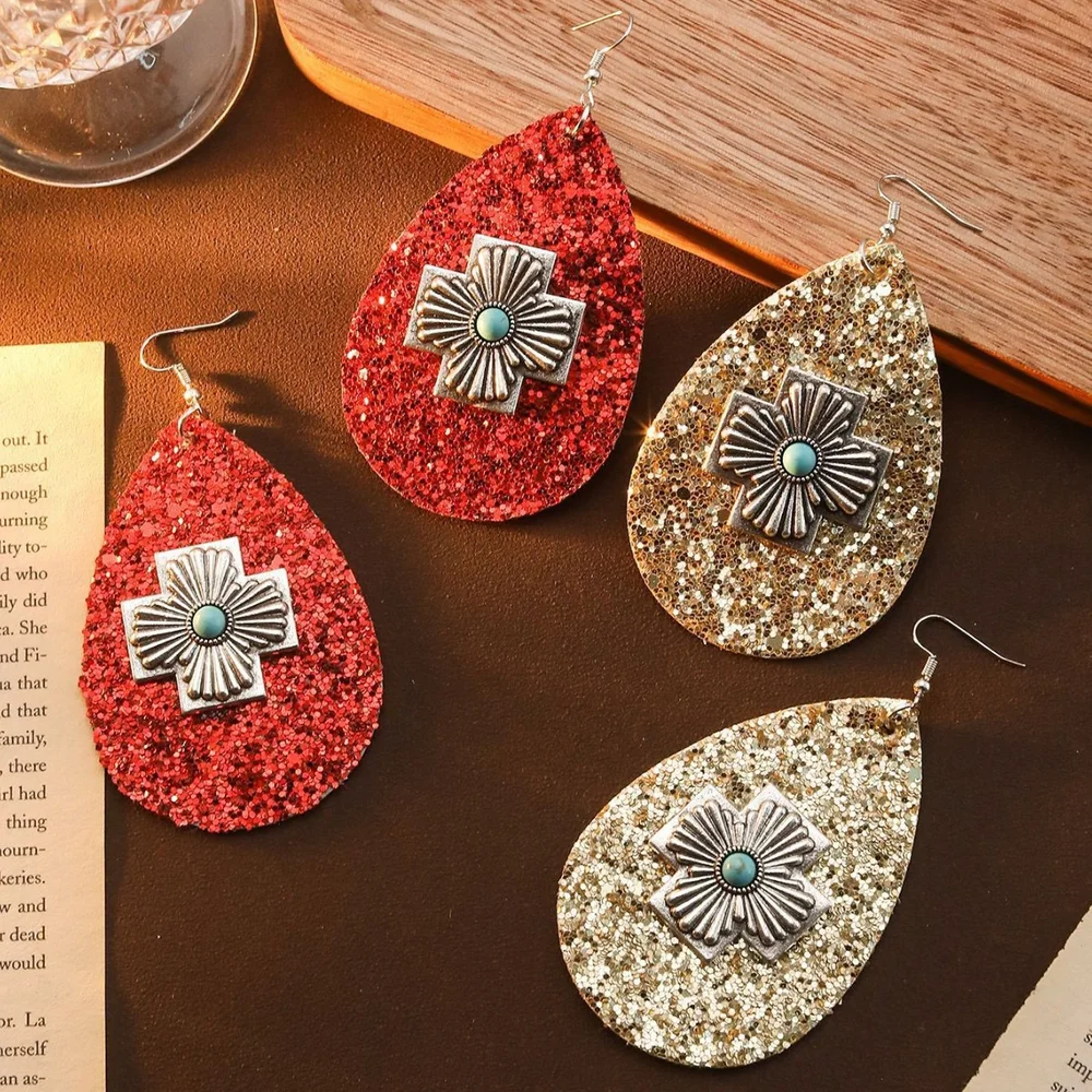 Charming sexy sparkling oval earrings dangles leather tree leaves with cross design turquoise beads
