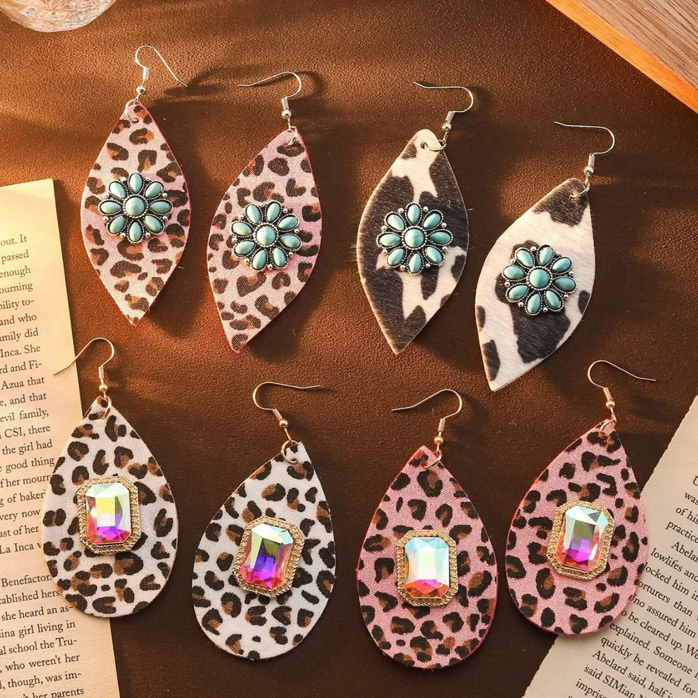 Sexy leopard print leather earrings fishhook dangling
