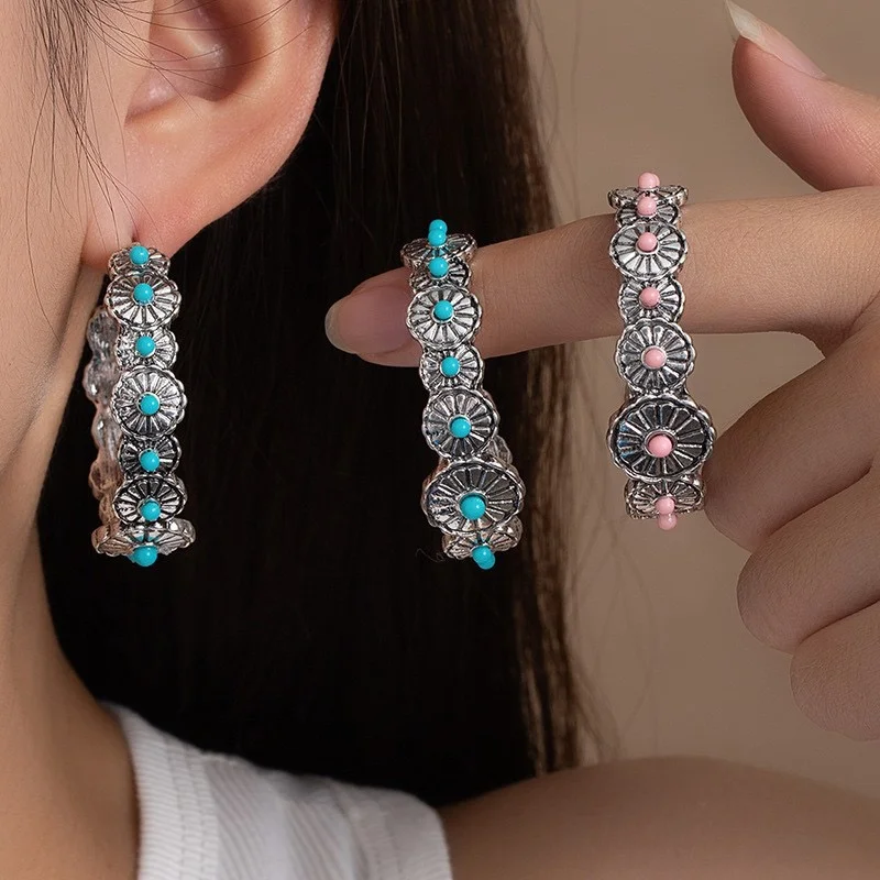 Classic big hoops 5cm diameter turquoise beads