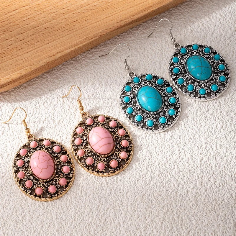 Vintage oval turquoise beads earrings dangling fishhook
