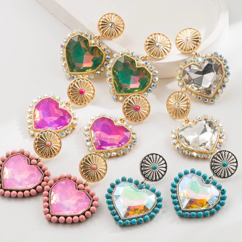 Big rhinestones cute heart shape sweet earrings