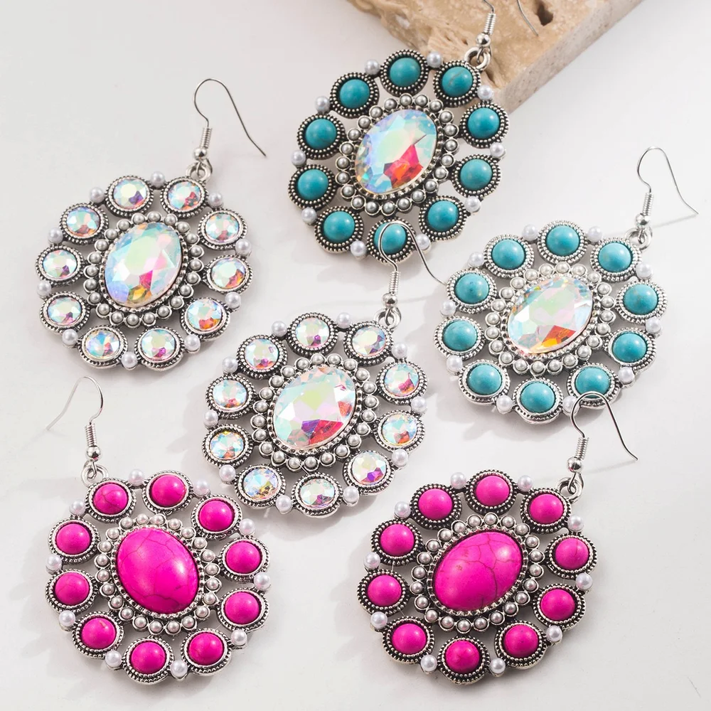 Oval turquoise stone dangling earrings with pearls