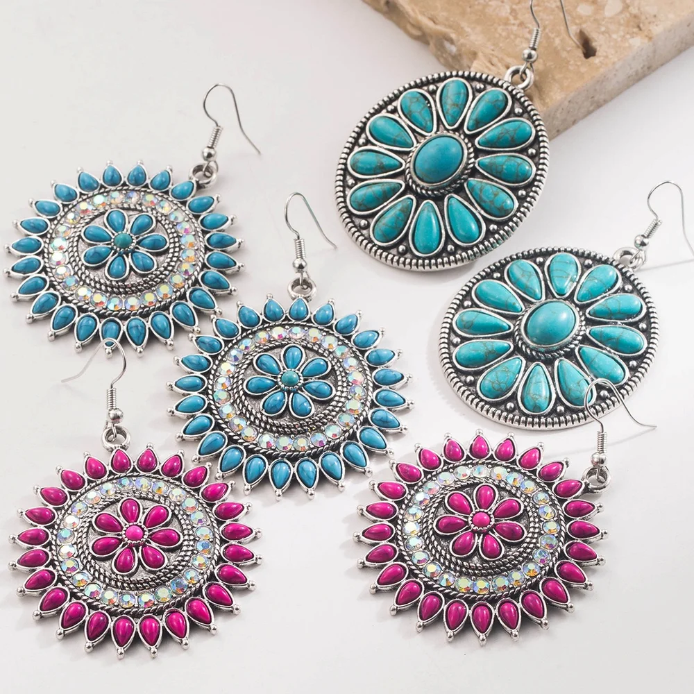 Western earrings turquoise round flowers dangling fishhook