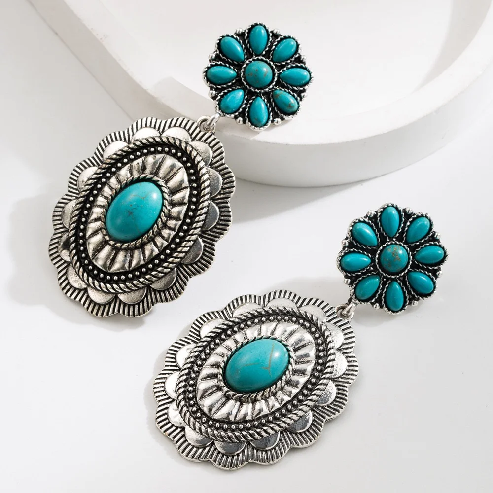 Big vintage flowers turquoise earrings country style 80’s