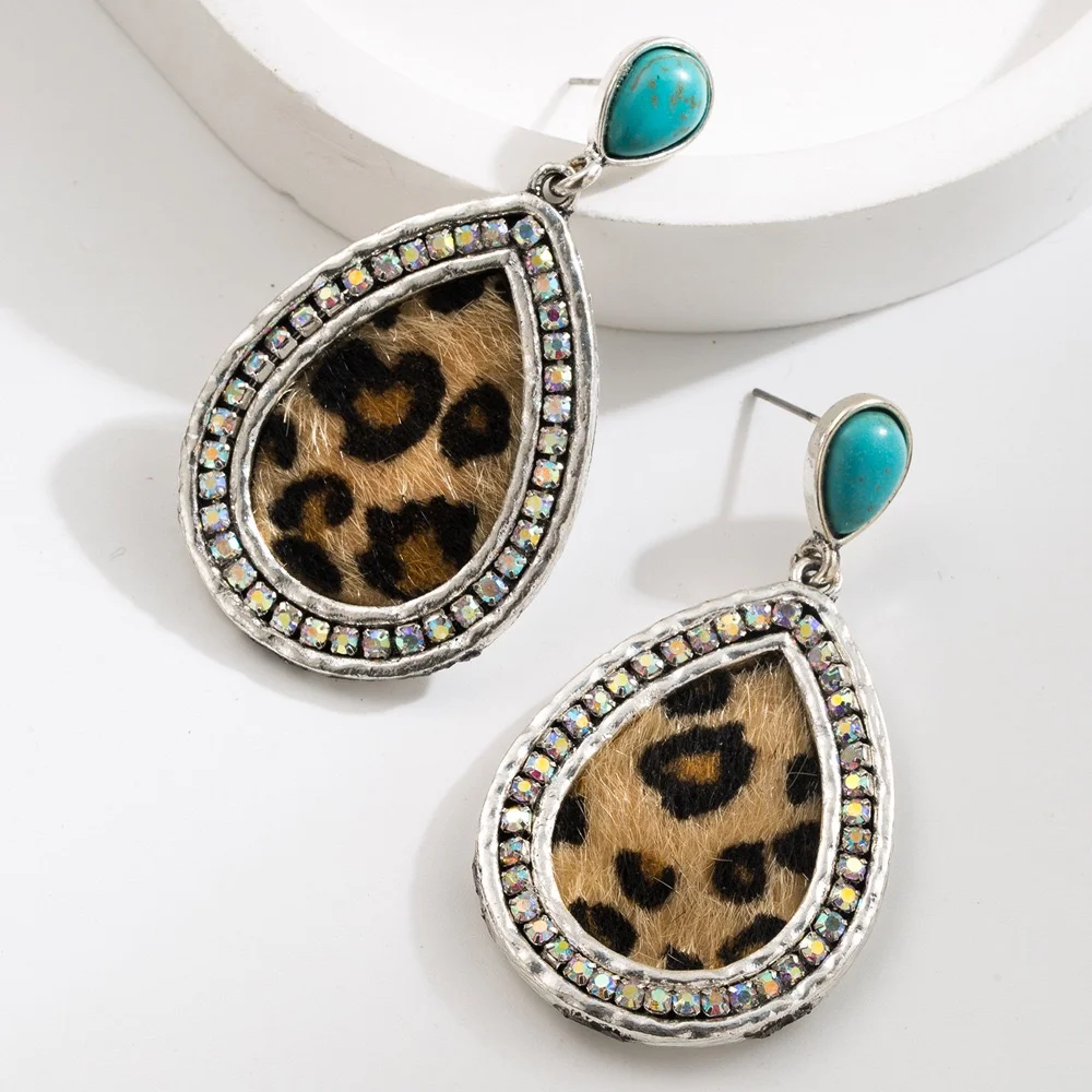 Sexy leopard print leather earrings turquoise stone post back