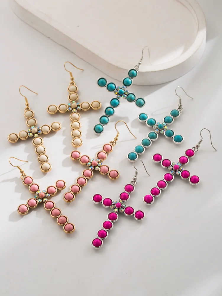 Classic turquoise stone cross earrings fishhook dangle light weight