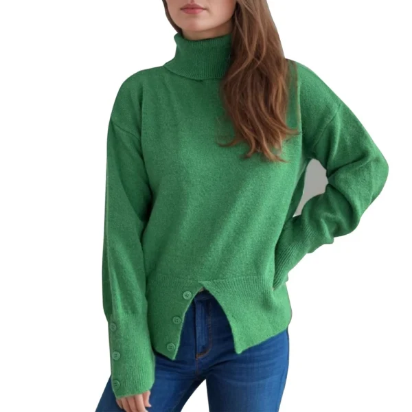 Women's Turtleneck Solid Color Slit Button Sweater Slim Fit Warm Pullover - Image 17