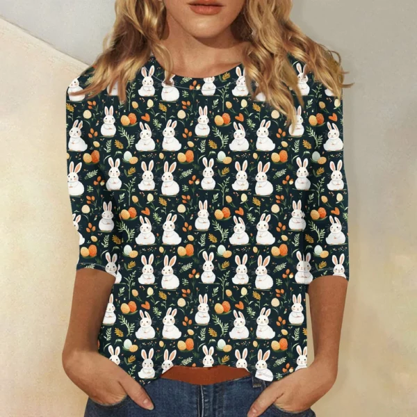 Women's Casual Round Neck Easter Egg Print Three-quarter Sleeve T-shirt Top - Image 22