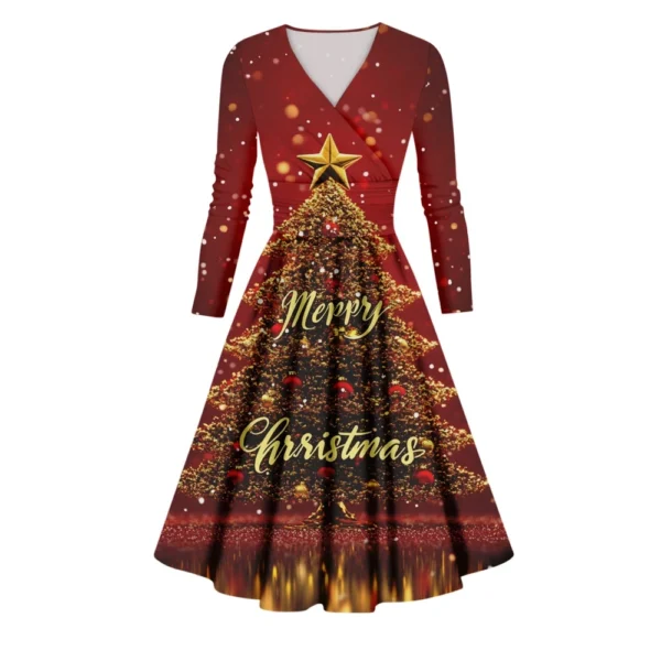 Women's Printed V-Neck Christmas Casual Fashion Long Sleeve Slim Dresses - Image 2