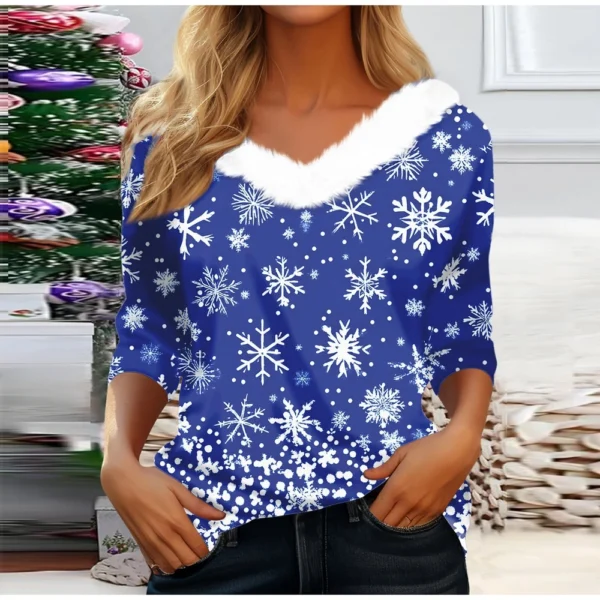 Women's Party Long Sleeve V Neck T Shirt Christmas Shirt Fleece Collar Top - Image 13