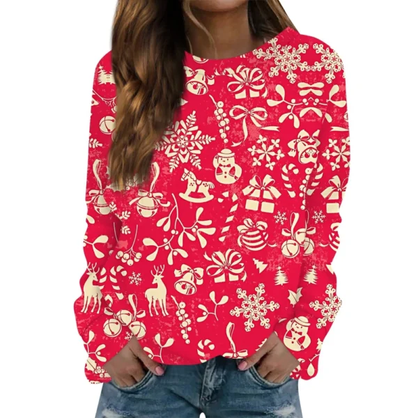 Women's Long Sleeve Print O-Neck Christmas Blouse Fashion Casual Pullover Top - Image 35