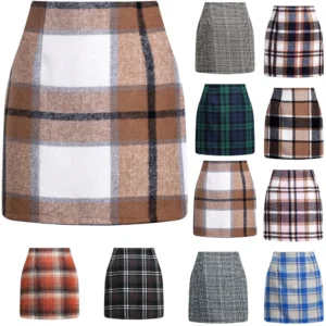 Womens High Waist Plaid Skirt Bodycon Pencil Wool Mini Skirts
