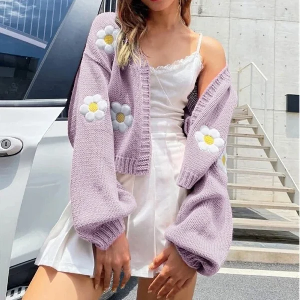 Women's Floral Sweater Loose Short Knit Cardigan - Image 9