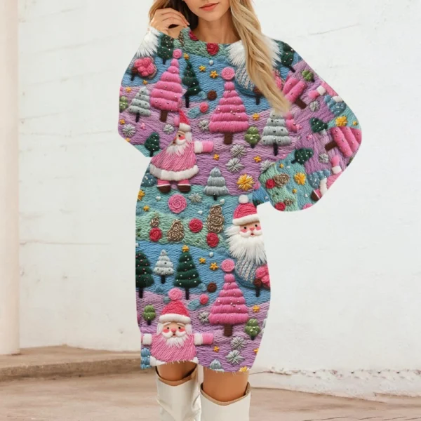 Women's Round Neck Casual Long Sleeve Plush Christmas Printed Dresses - Image 30