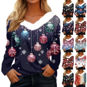 Women's V Neck Party Fleece Collar Top Shirt Christmas Long Sleeve T Shirt