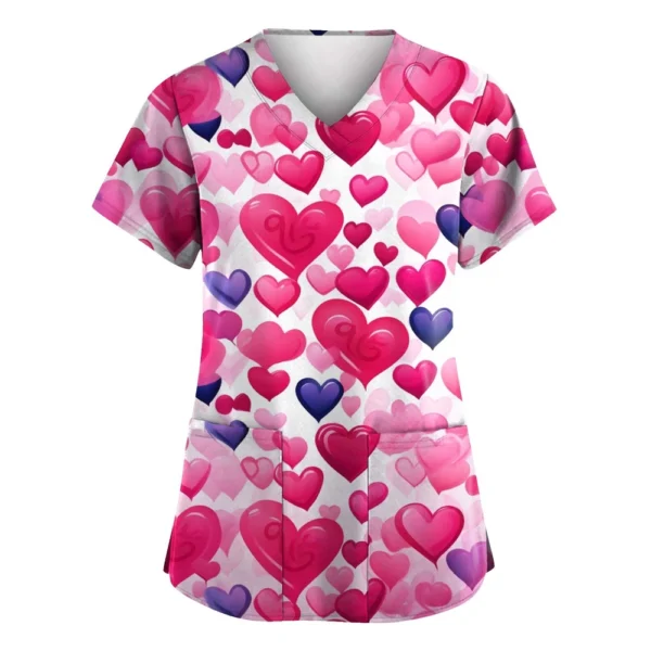Women's Valentine's Day Printed  Uniform Work Uniform V-Neck Pocket Protective - Image 10