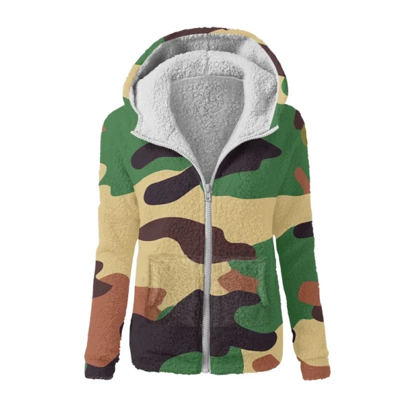 Women's Winter Camouflage Print Casual Fashion Plush Hooded Zipper Sweater - Image 5